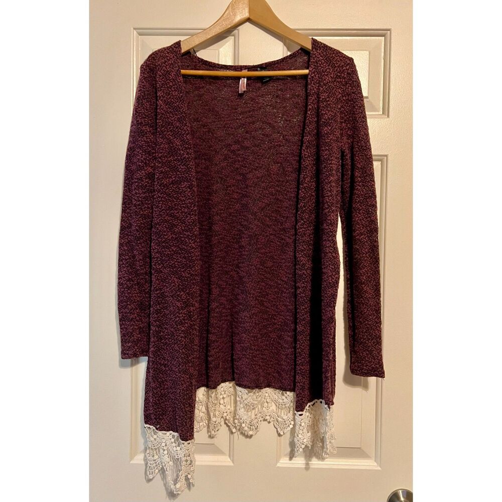 Love by Design Plum Burgundy Knit Open Front Crochet Lace Cardigan M